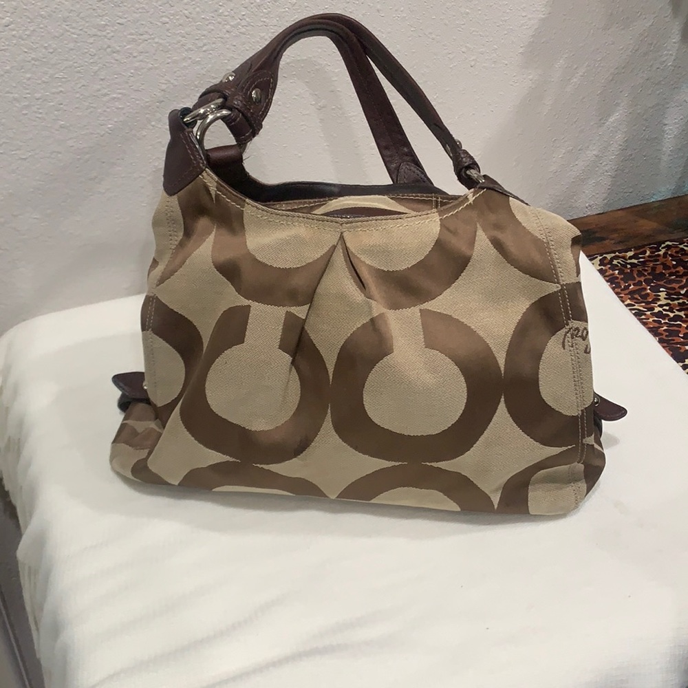 Coach Maggie Hobo Purse Khaki Canvas Shoulder Bag.